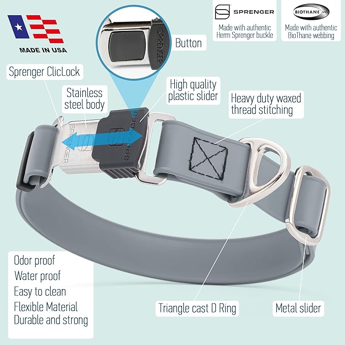 Dogline Biothane Waterproof Dog Collar with Herm Sprenger Black Stainless Steel Quick Release Buckle – Heavy Duty Tactical Durable Collar for Dogs – Comfortable and Safe Pet Collar W 1" L 15-25" Gray