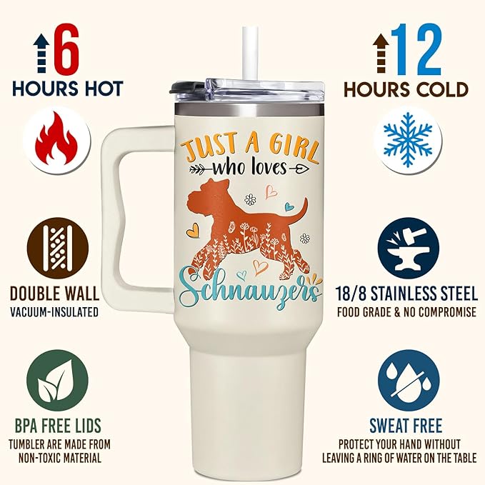 Schnauzer Gifts for Girls & Women, Christmas and Mother's Day Gifts for Schnauzer Lovers, Birthday Present Idea for Dog Owners, 40oz Tumbler with Handle & Straw