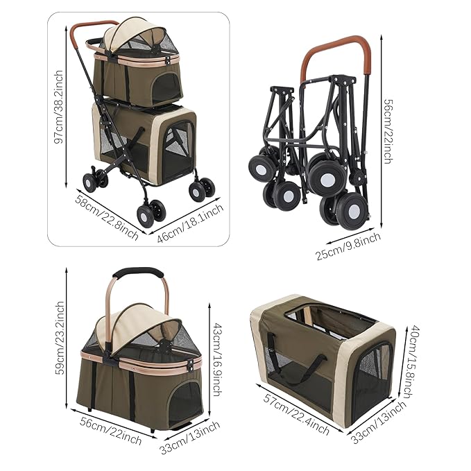 Foldable Pet Stroller for Small & Medium Dogs, Double Dog & Cat Stroller with 3-in-1 Travel System, Detachable Pet Carrier with Wheels for Cats and Dogs up to 77 lbs, Dark Green