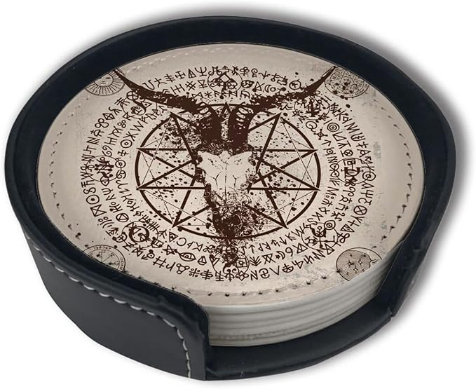 Satan Goat Skull Coasters for Drinks with Holder Leather Coasters Set of 6 for Coffee Table