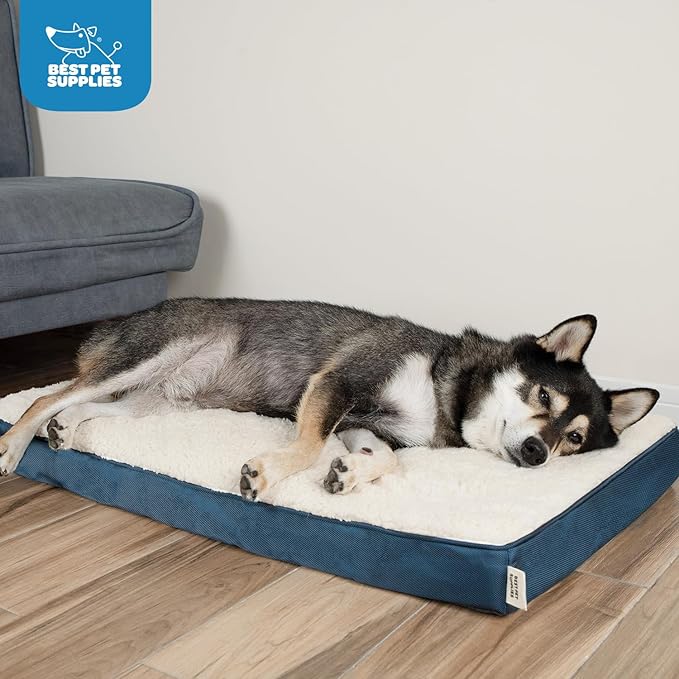 Best Pet Supplies Cute Dog Crate Mat Flat Bed with Waterproof Exterior, Thick Orthopedic Egg Foam Mattress, and Soft Sherpa Fleece Cover for Small, Medium, and Large Breeds - Blue, 24X16X3