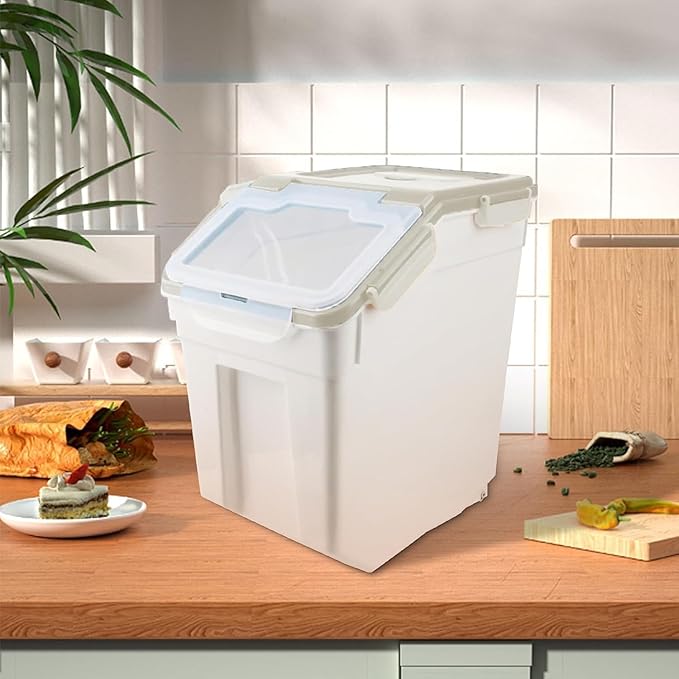 RUIAN 2Pcs Large Flour Storage Container Bin 50Lb Airtight Rice Storage Containers with Wheels Seal Locking Lid, BPA Free with Measuring Cup&Scoop for Flour, Rice, Grain 100LBS Total (Grey)