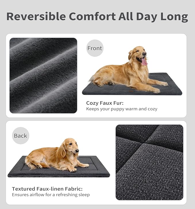 MADE 4 PETS Dog Crate Pad Bed for Medium Large Dogs, Washable & Reversible, Anti-Slip Kennel Mat for Cozy Sleeping, Soft Fluffy Dog Bed for Indoor & Outdoor Use, 35"x23", Dark Gray