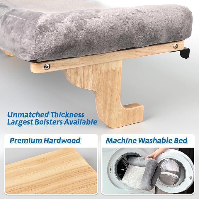 Cat Perch for Window Sill with Bolster - Orthopedic Hammock Design with Premium Hardwood & Robust Metal Frame - Cat Window Seat for Large Cats and Kittens - Natural Color Wood with Gray Bed