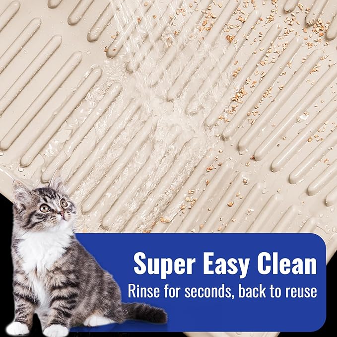 Rubber Litter Box Mat: Easy Clean Cat Litter Trapping Mat - Ivory White Kitty Litter Catcher Mat for Indoor Cats - Cute Litter Tracking Mat Beige (24” x 15”)