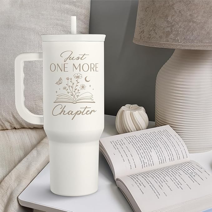 SANDJEST Book Lover Gifts for Women, Just One More Chapter Tumbler with Handle, Stainless Steel Insulated Coffee Travel Mug Cup, Gifts for Women Girls Bookworm on Christmas Birthday, 40oz