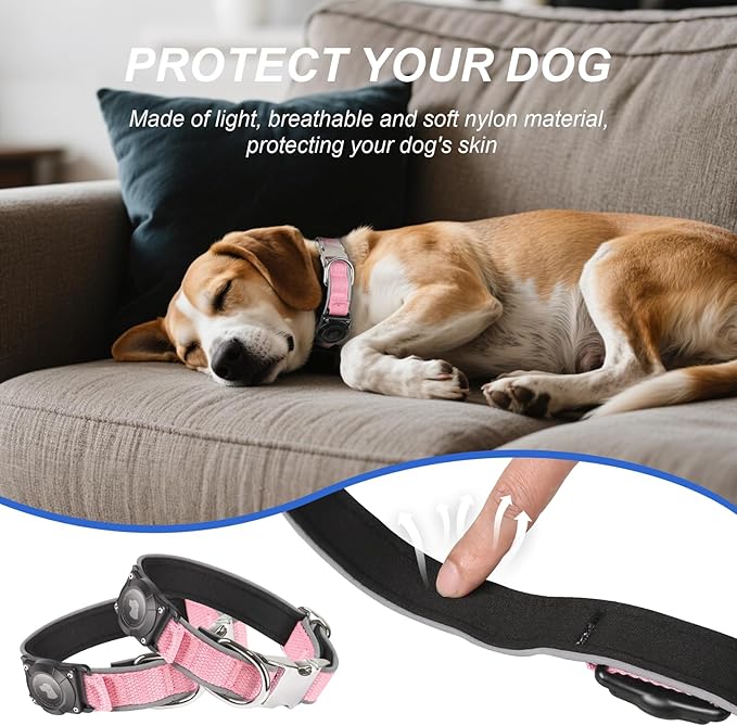Waterproof Airtag Dog Collar - Nylon Collar with Durable Airtag Holder, Reflective&Anti-Lost with Safety Metal Buckle, Soft Padded Adjustable for Small Medium Large Dogs Pink L