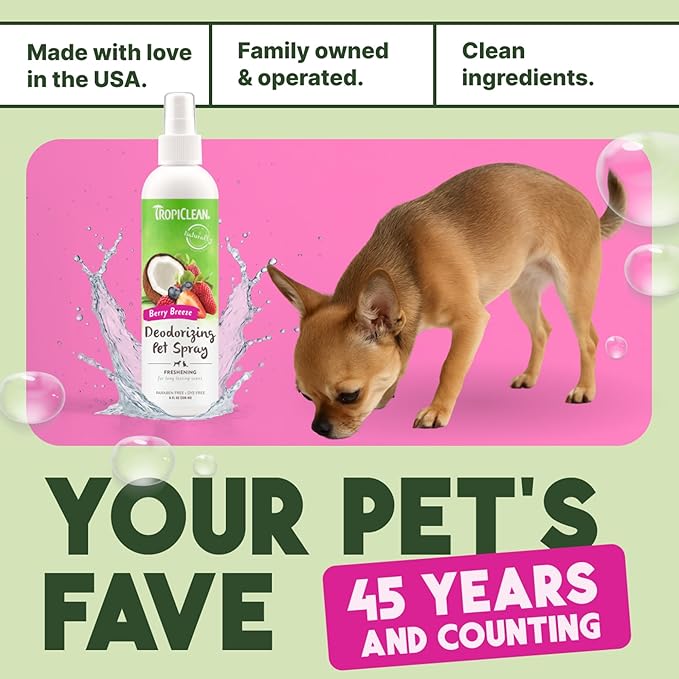 TropiClean Dog Perfume, Long Lasting Berry Cologne, Deodorizing Spray for Smelly Dogs, After Bath Detangling Spray with Vitamin E, Safe for Cats, 8oz.