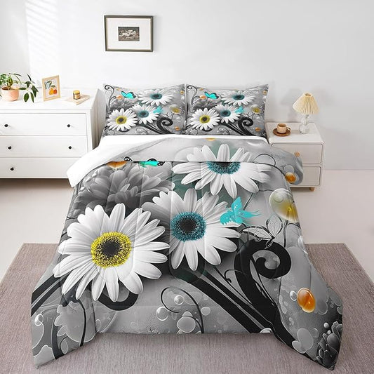 Rustic Daisy Quilt Set King,Farmhouse Floral Blue Butterfly Bedding Comforter Set for Kids Girls Teens Women King,Hippie Black Gray Marble Comforter,Pastoral Countryside Flower Quilted Duvet 3 Pcs