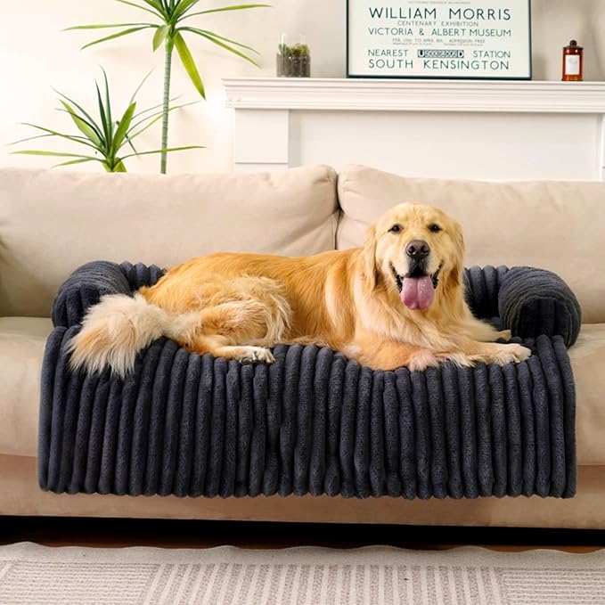 FUNNY FUZZY Pet Couch Cover for Sofa, Calming Dog Bed for Couch, Fluffy Plush Dog Couch Mat for Furniture Protector for Large Medium Small Pets, 47×37 in, Dark Grey