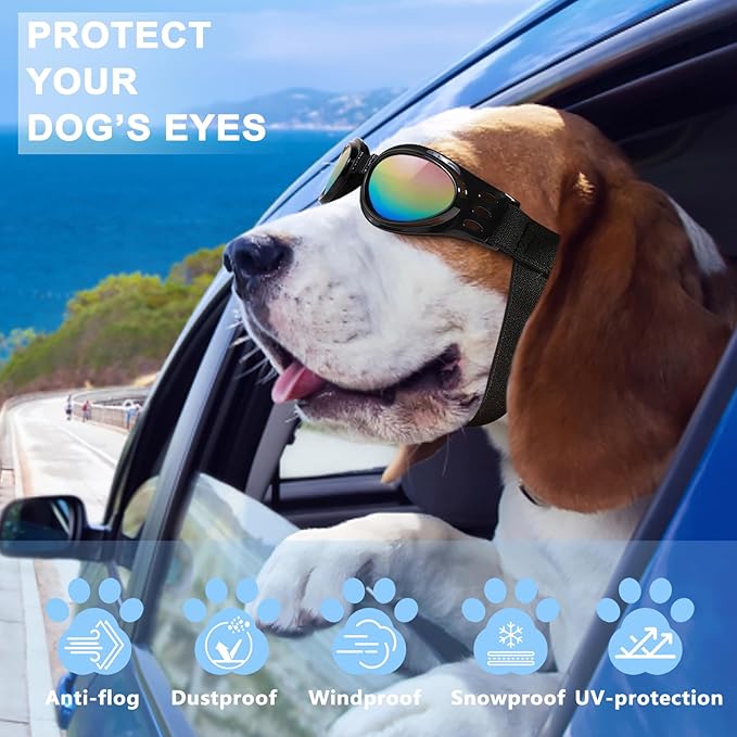 QUMY Dog Sunglasses Dog Goggles for Medium Large Breed Dogs, Wind Dust Fog Protection Eye Wear Pet Glasses with Adjustable Strap for Motorcycle Car Driving Bike Riding Hiking Swimming Over 15lbs White