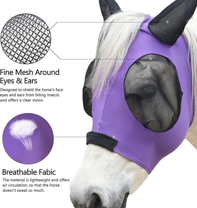 Horse Fly Mask with Ears - Large Eye Space for Full Vision, Breathable Stretch Comfort Fit, UV Protection, Forelock Opening, Easy Pull-On Violet Full