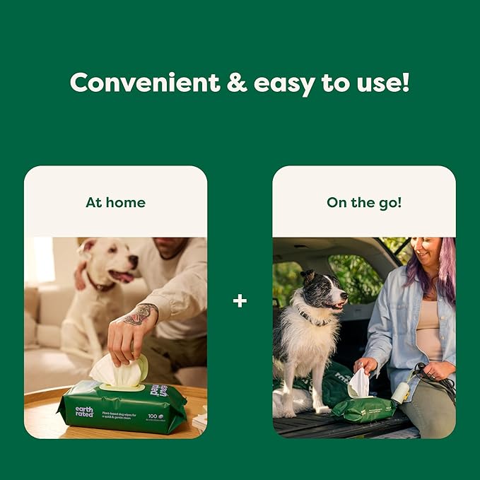 Earth Rated Dog Wipes, Hypoallergenic, Cleaning and Hydrating, for Grooming Paws, Body and Butt, Lavender Scented, 100 Count