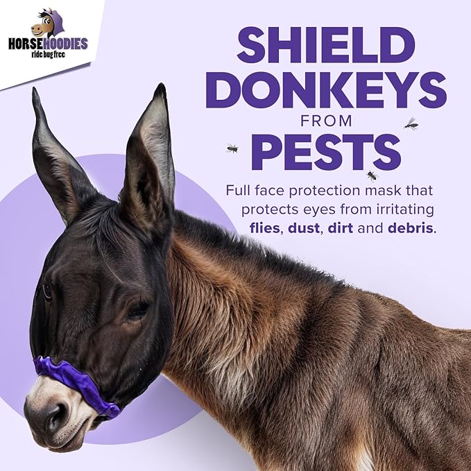 Donkey Fly Mask with Long Ears (Blue) Half Hoodie for Standard Donkey, Made in USA - Mule Fly Mask with Ears Protection from Insects and Bugs, Face Cover Soft Mesh Fabric with Adjustable Fastener