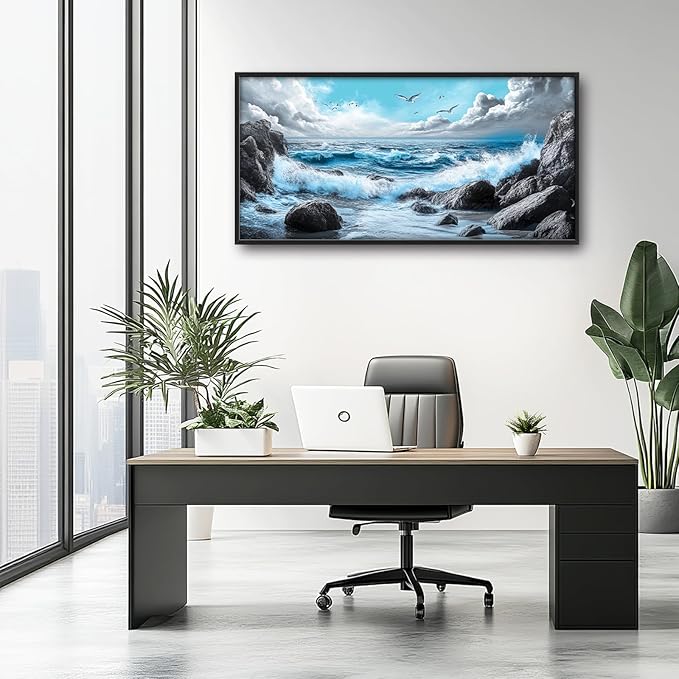 Extra Large Framed Abstract Sea Ocean Wall Art,Black and White Wall Decor, Coastal Seashore Pictures for Living Room,Canvas Print Painting Modern Artwork Bedroom Office Bathroom 60L x 30W