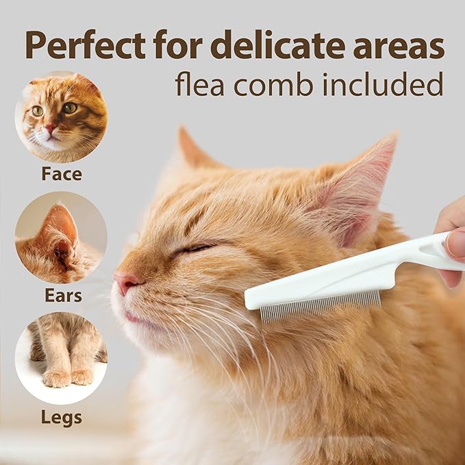 Self Cleaning Slicker Brush for Dogs & Cats - 2-in-1 Pet Grooming Tool with Flea Comb & Storage Box, Gentle Deshedding Brush for Long/Short Hair,White