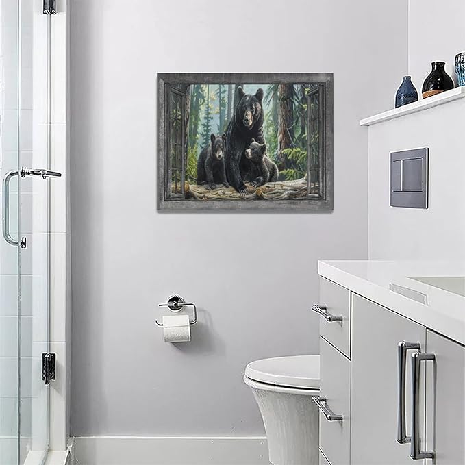 Black Bear Wall Art Forest Window Canvas Cabin Living Room Pictures Prints Animal Wall Decor Painting Artwork for Bedroom Dining Office Home 16"x12"