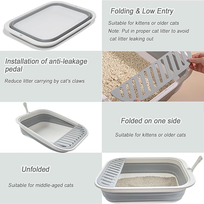 2 pcs Collapsible Kitten Litter Box,Low Entry Shallow Open Cat Potty Pan with Scoop Foldable Shallow Cat Toilet Travel Litter Box with Falling Sand Pedal for Kitty to Senior Cats 2PCS (Blue, Large)