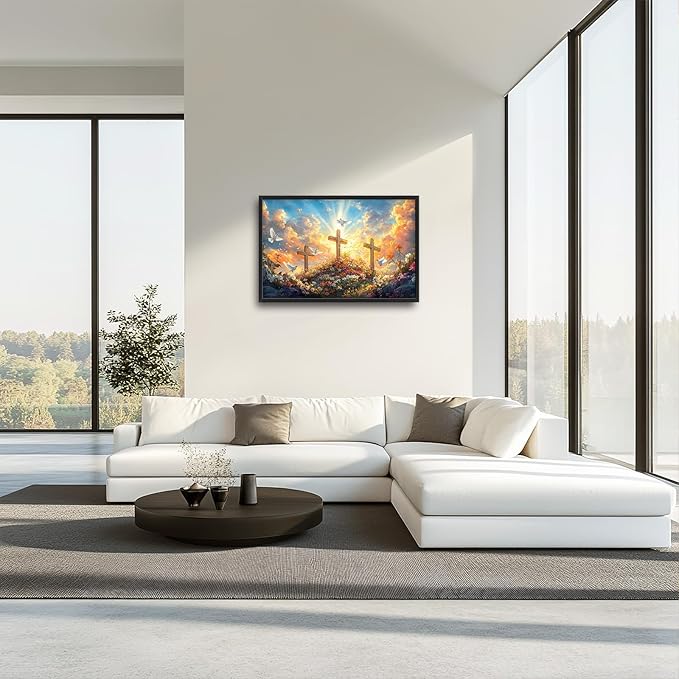 Framed Large Christian Jesus Wall Art, Oversized Floral Dove Wall Decor for Living Room, Landscape Canvas Painting Peaceful Pictures Modern Artwork for Living Room Bedroom Office 36"x24"