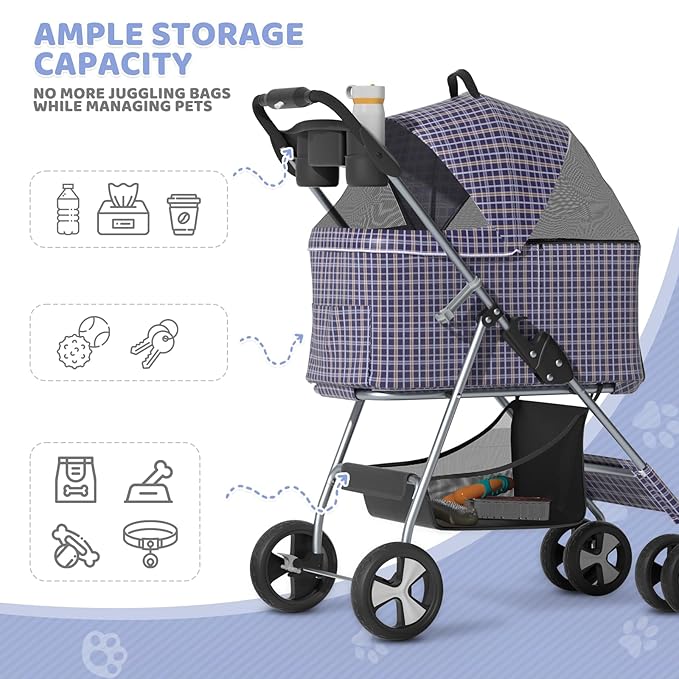 Magshion Foldable Pet Stroller, 3-in-1 Dog Travel Jogger with Detachable Carrier, Cup Holder, Storage Basket, Folding Carrier for Small/Medium Dogs & Cats Up to 33 lbs, Plaid
