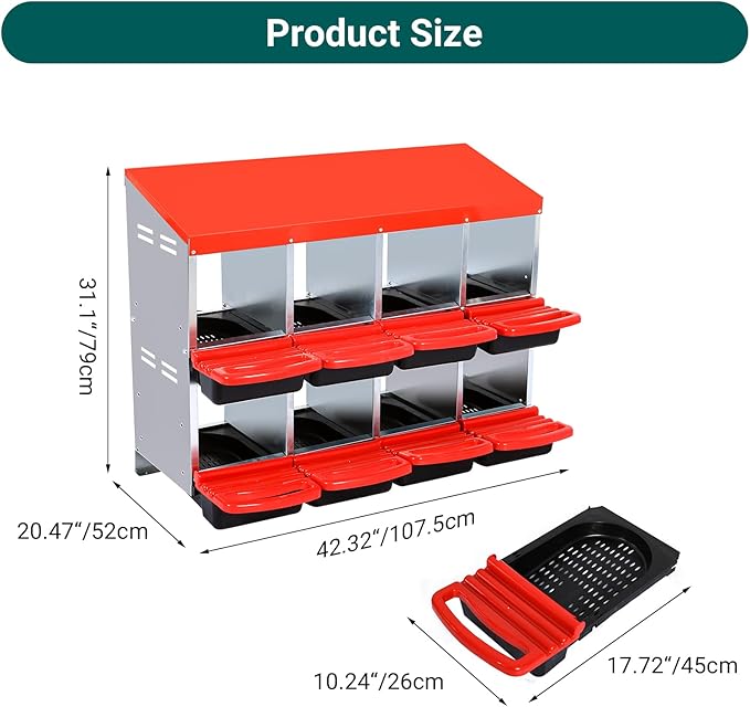 Chicken Nesting Box, 8 Hole 2 Layer Hen Nest Box, Roll Away Eggs Laying Box,Cleanable Pull Out Hen Roosting Box