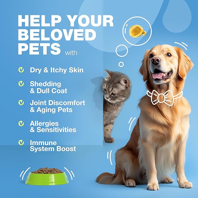 Fish Oil for Dogs and Cats - Skin and Coat Support Supplement for Pets - Omega 3 6 9 Fatty Acids - Itchy Skin, Shedding, Immunity, Joint - EPA DHA - Wild Caught Salmon and Pollock Food Topper