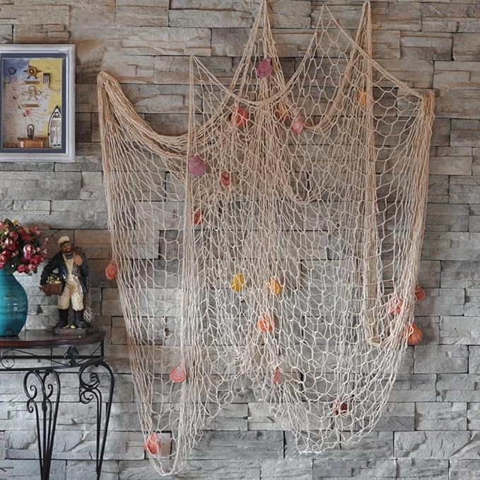 Nature Fish Net Wall Decoration with Shells, Ocean Themed Wall Hangings Fishing Net Party Decor for Pirate Party,Wedding,Photographing Decoration (2pack-Beige/Beige)