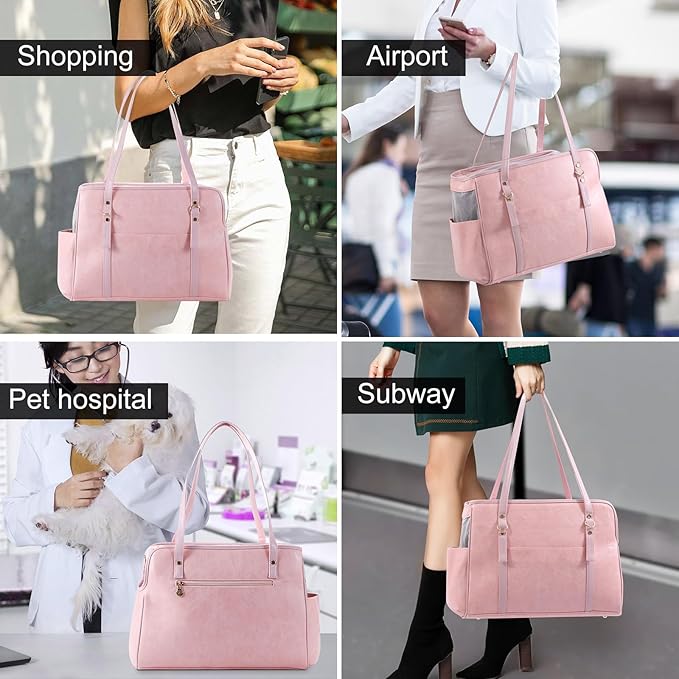 Dog Carrier Purse, Fashion Leather Pet Carrier with Pockets, Airline Approved Soft Sided Dog Carrying Bag for Puppy Cat Dog Pink