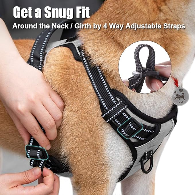 PoyPet No Pull Dog Harness, Reflective Comfortable Vest Harness with Front & Back 2 Leash Attachments and Easy Control Handle Adjustable Soft Padded Pet Vest for Small to Large Dogs (Gray,XS)