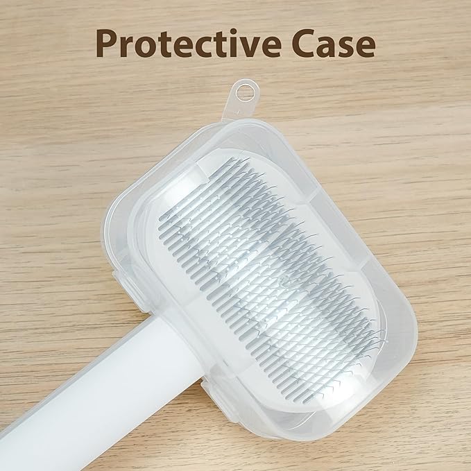 Self Cleaning Slicker Brush for Dogs & Cats - 2-in-1 Pet Grooming Tool with Flea Comb & Storage Box, Gentle Deshedding Brush for Long/Short Hair,White