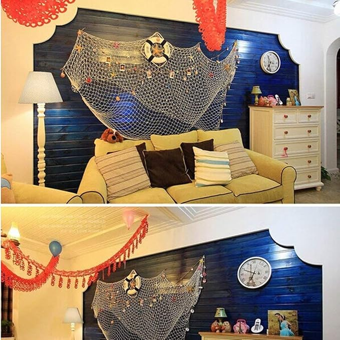 Nature Fish Net Wall Decoration with Shells, Ocean Themed Wall Hangings Fishing Net Party Decor for Pirate Party,Wedding,Photographing Decoration (Fishnet-2pack-Beige)