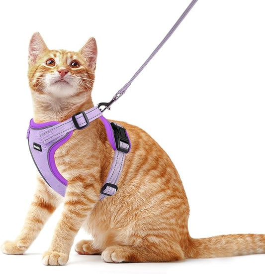 Rttochfy Cat Harness and Leash Set, Adjustable and Reflective Cat Vest, Escape Proof Kitten Harness, Easy to Put on with 3 Buckles for Cats Walking and Traveling (Purple, L)