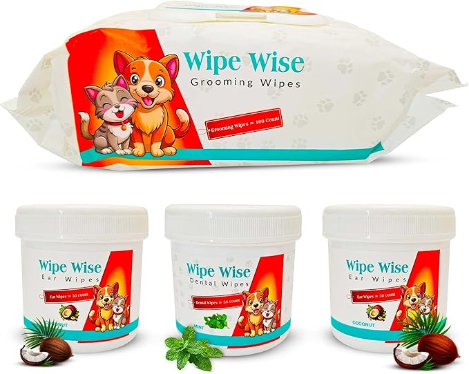 100 Pet Wipes (8x8'' Unscented) - 100 Ear Wipes (Coconut) - 50 Dental Wipes (Mint Infused) for Dogs & Cats, 250 Wipes, Alcohol-Free, Safe & Gentle- Great Value Bundle, Pet Care