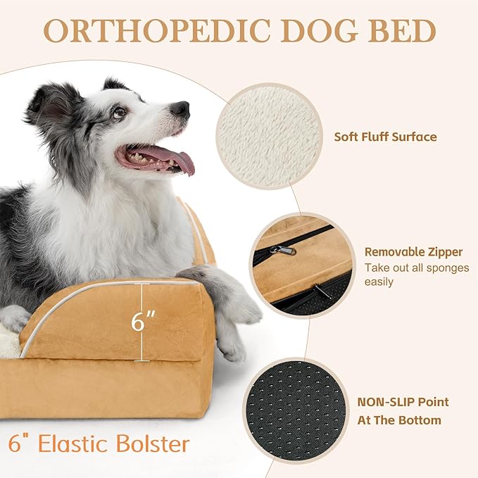 Comfort Expression XXL Orthopedic Dog Bed, Waterproof Dog Beds for Extra Large Dogs, Washable Pet Sofa Couch with Removable Cover & Non-Slip Bottom(XX-Large,Khaki)