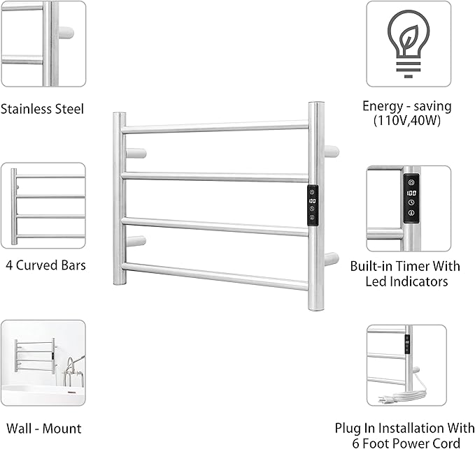 KEG Smart WiFi Towel Warmer Wall Mounted with Built-in Timer and Temperature Adjust Control, 4 Bars Electric Stainless Steel Heated Towel Racks for Bathroom Polish Chrome