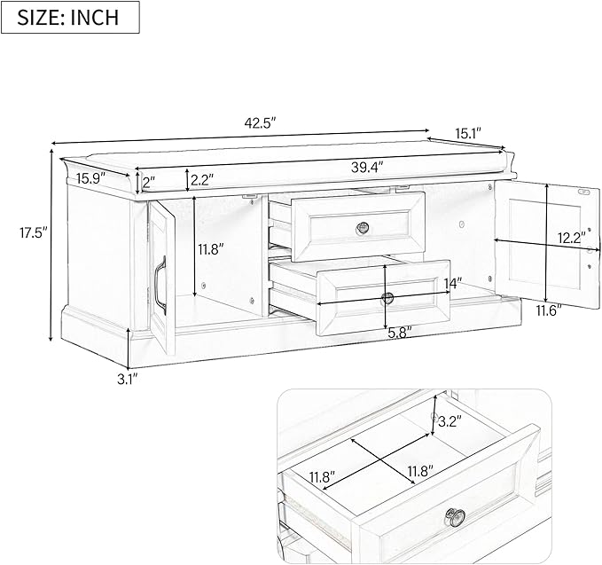 Storage Bench with 2 Drawers and 2 Cabinets, Pine Wood Shoe Bench with Removable Cushion for Living Room, Entryway 42.5" L x 15.9" W x 17.5" H (Black)