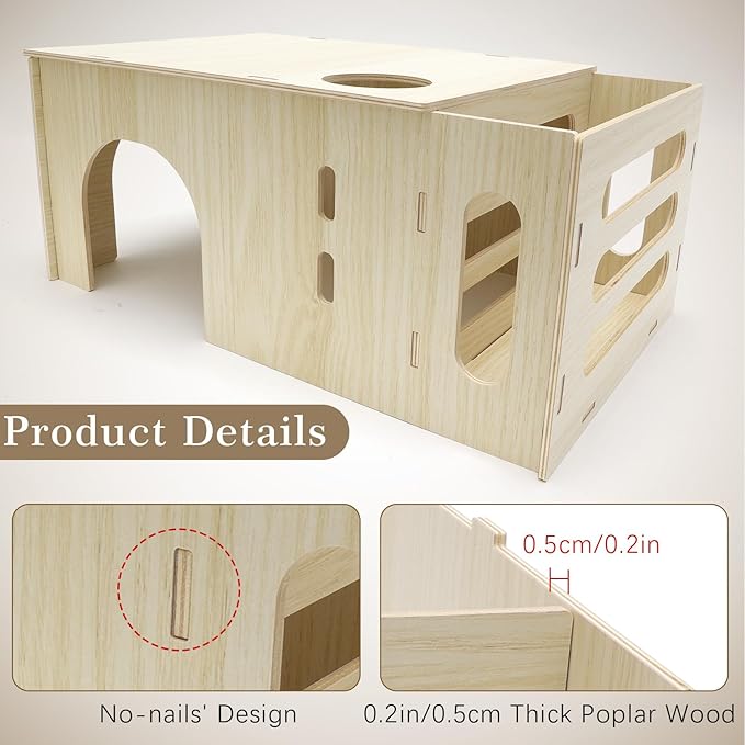 Guinea Pig Hideout Castle with Hay Feeder, Wooden Chinchilla House and Hay Rack, Small Animals Habitats Hut Accessories for Bunny, Rabbit, Hedgehog Playing Hiding, Easy Assembly