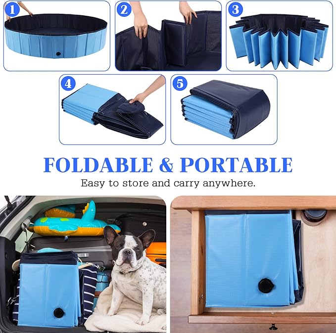 Foldable Dog Bath Swimming Pool Plastic Kiddie Pool Professional Tub Collapsible Grooming Bathtub for Pets Kids Baby and Toddler, 55 x 12 Inches Blue