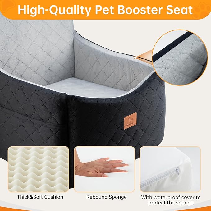 Dog Car Seats for Small/Medium Dogs, FurFrolic Memory Foam Dog Booster Seat for Small Dogs up to 35 lbs, Travel Pet Car Seat with Washable Detachable Cover, Storage Pockets, 2 Safety Belts, Black Gray