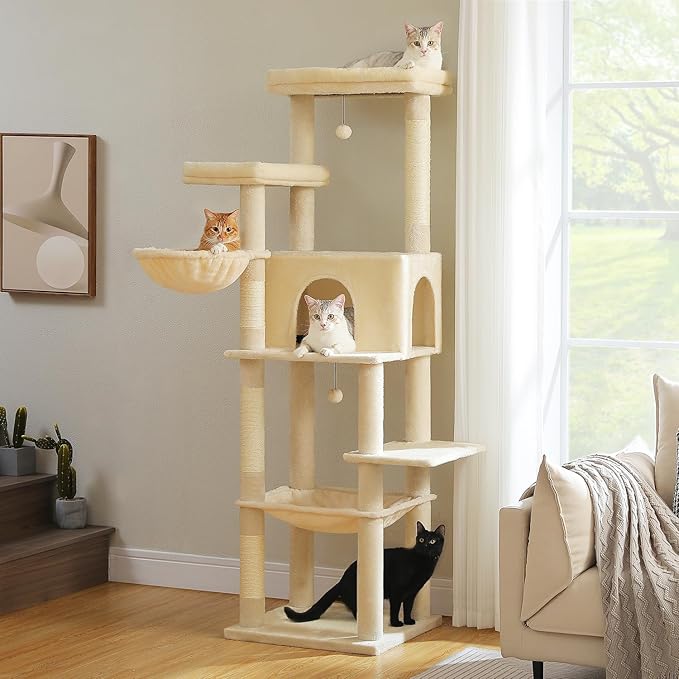 PAWZ Road Large Cat Tree, 73 Inches Tall Cat Tower with 1 Large Padded Perch,2 Spacious Hammocks,8 Long Scratching Posts, XL Plush Cat Condo for Indoor Adult Cats,Beige