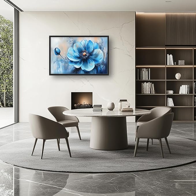 Extra Large Abstract Blue Flower Framed Wall Art for Living Room,Oversized Elegant Floral Pictures Wall Decor,Canvas Print Painting Modern Artwork Bedroom Office Bathroom 36L" x 24W"