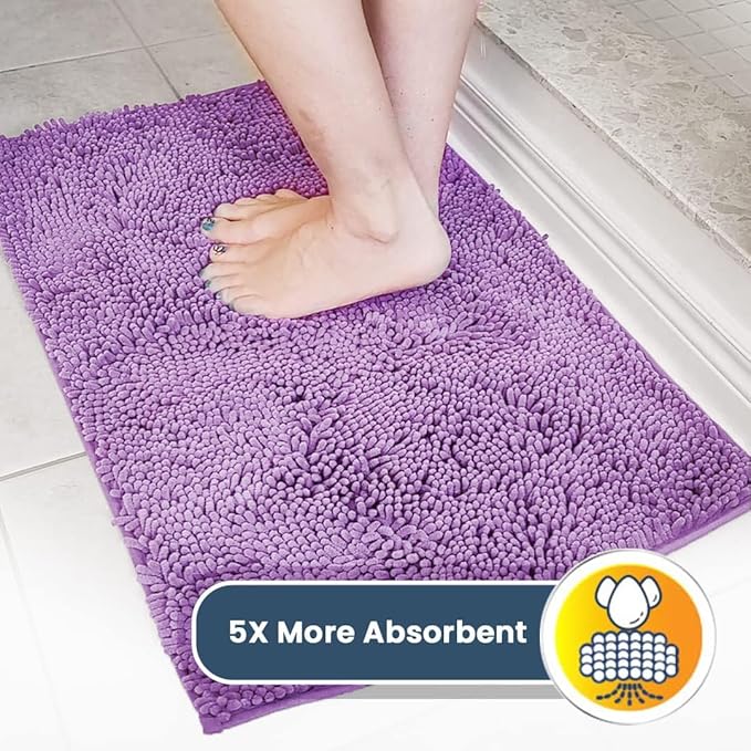 Muddy Mat® AS-SEEN-ON-TV Highly Absorbent Microfiber Door Mat and Pet Rug, Non Slip Thick Washable Area and Bath Mat Soft Chenille for Kitchen Bathroom Bedroom Indoor and Outdoor - Purple 24" x 96"