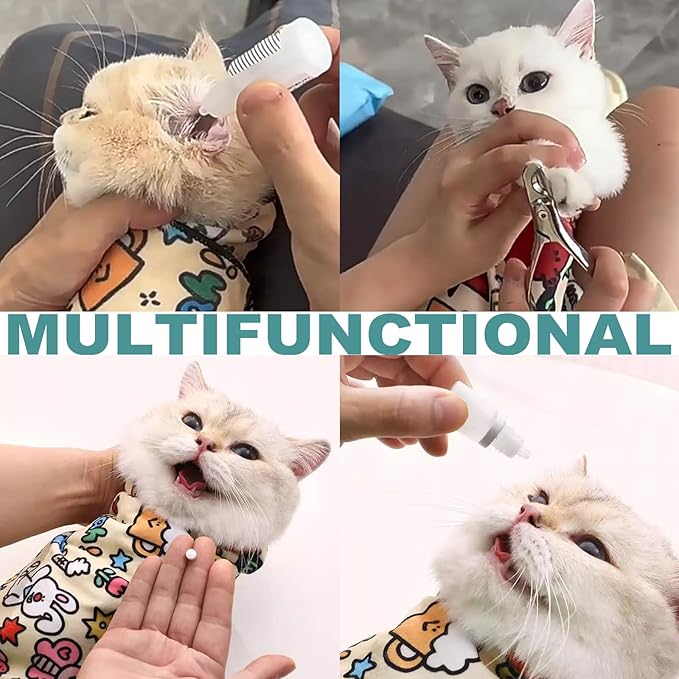 Cat Grooming Wrap, 2pcs [L+XL] Cat Restraint Wrap for Nail Clipping, Ear Cleaning, and Teeth Brushing, Self-Adherent, Anti-Bite, Anti-Scratch, Anti Scratch, Cow White