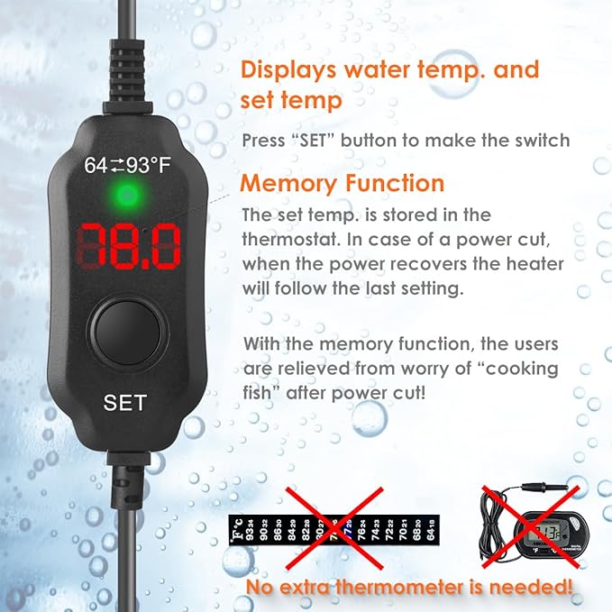 Super Compact 200W Fish Tank Heater, Submersible Aquarium Heater with LED Digital Display Thermostat, Adjustable Fish Heater for 20-40 Gallon Tanks