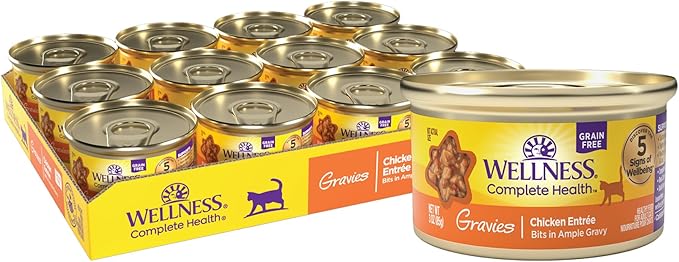 Wellness Complete Health Gravy Adult Wet Cat Food, Natural, Protein-Rich, Grain Free, 3 Ounce, 12 Pack, (Chicken Dinner)