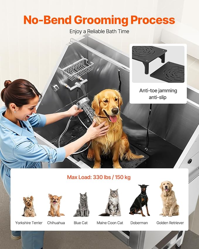 VEVOR Stainless Steel Dog Washing Station, 50 inch Pet Grooming Tub w/Stairs, PE Water Filter Board, Faucet & Showerhead & Soap Holder Dog Bathtub for Large & Medium & Small Pets (Right Door)