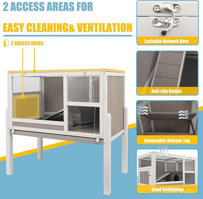 Guinea Pig Cages Indoor, Wooden Guinea Pig Cages with Stand, Rabbit Cage Hutch with Ramp and Hideout, Small Animals Cage Habitat with Not Leakage Pull Out Tray
