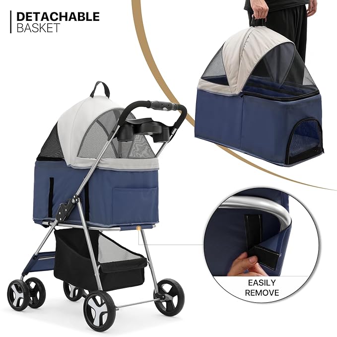 MoNiBloom 3 in 1 Foldable Pet Stroller for Small & Medium Dogs, Detachable Carrier, Car Seat, Push Button Entry, 4-Wheel Jogger for Pets up to 33 lbs, Navy Blue
