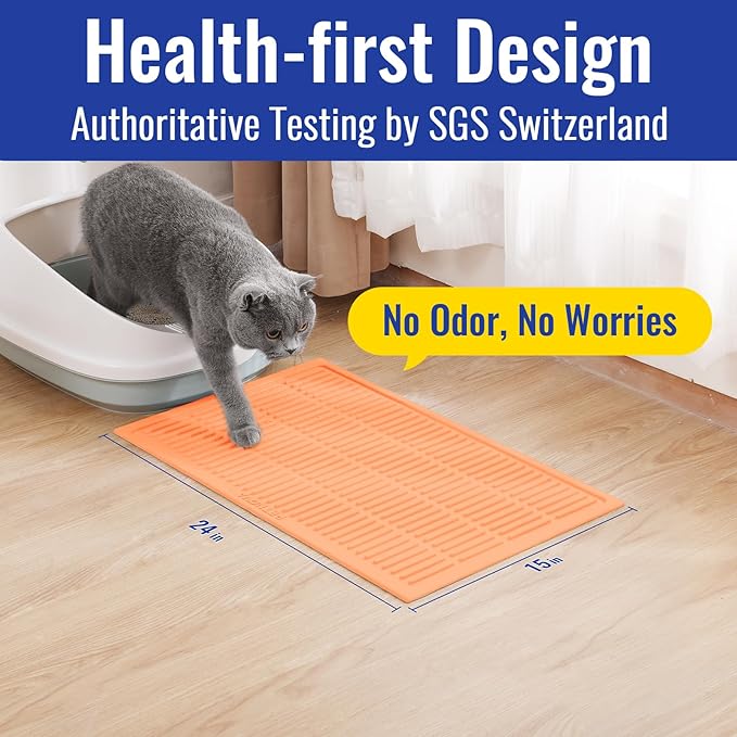 Rubber Litter Box Mat: Cute Cat Litter Trapping Mat - Peach Pink Easy Clean Kitty Litter Catcher Mat for Floor - Waterproof Litter Tracking Mat (24” x 15”)