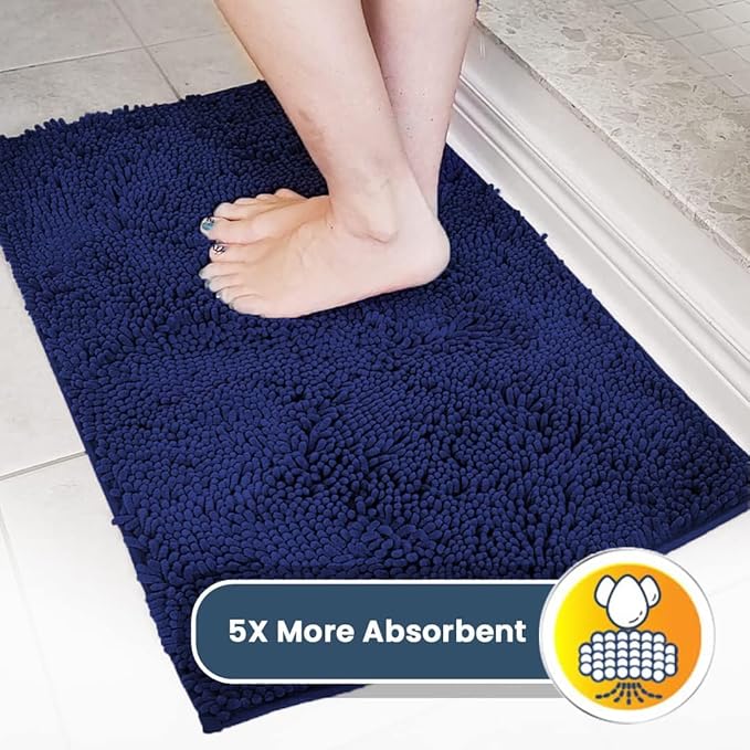 Muddy Mat® AS-SEEN-ON-TV Highly Absorbent Microfiber Dog Door Mat and Pet Rug, Non Slip Thick Washable Area and Bath Mat Soft Chenille for Kitchen Bathroom Bedroom and Indoor - Navy Blue Large 35"X24"